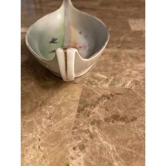 Nippon Hand Painted Two Handled Oval Bowl Gilt Gold Green Crown Stamp Tree Birds - Picture 5 of 8